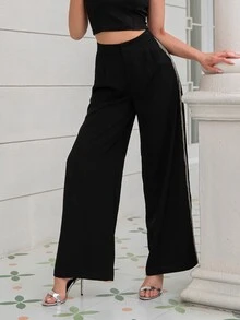 D&M Chain Fringe Trim Wide Leg Trousers - Black - View 3