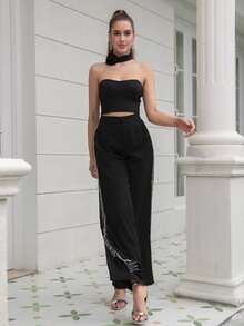 D&M Chain Fringe Trim Wide Leg Trousers - Black - View 4