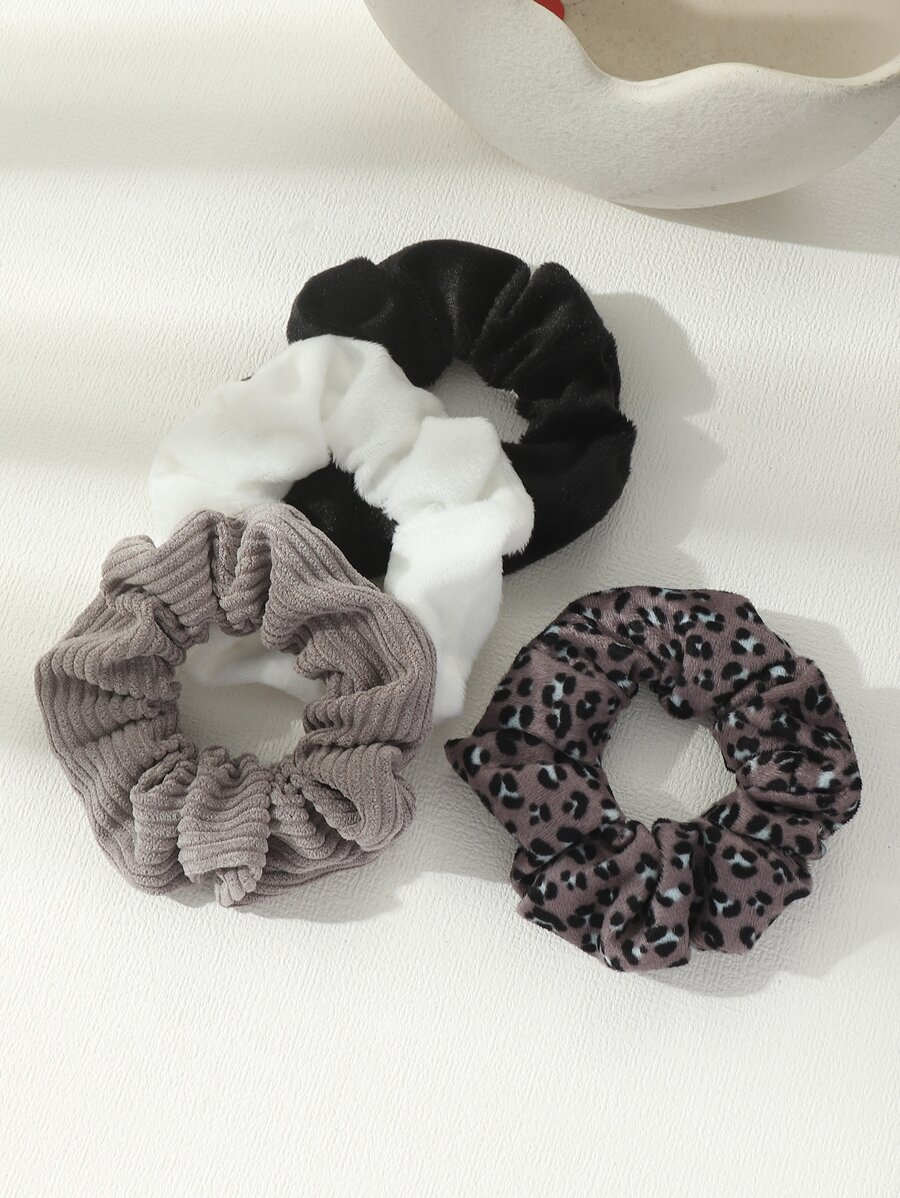 4pcs Women's Fashion Scrunchies Hair Ties Set, Black White Gray Tones, Suitable For Daily And Holiday Outfits - Multicolor - View 1
