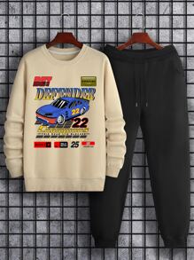 ROMWE MEN Guys Car And Slogan Graphic Sweatshirt & Sweatpants - Multicolor - View 1