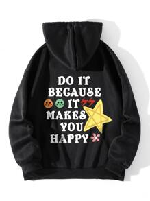 SHEIN EZwear Slogan Graphic Drawstring Thermal Lined Hoodie - Black - View 1