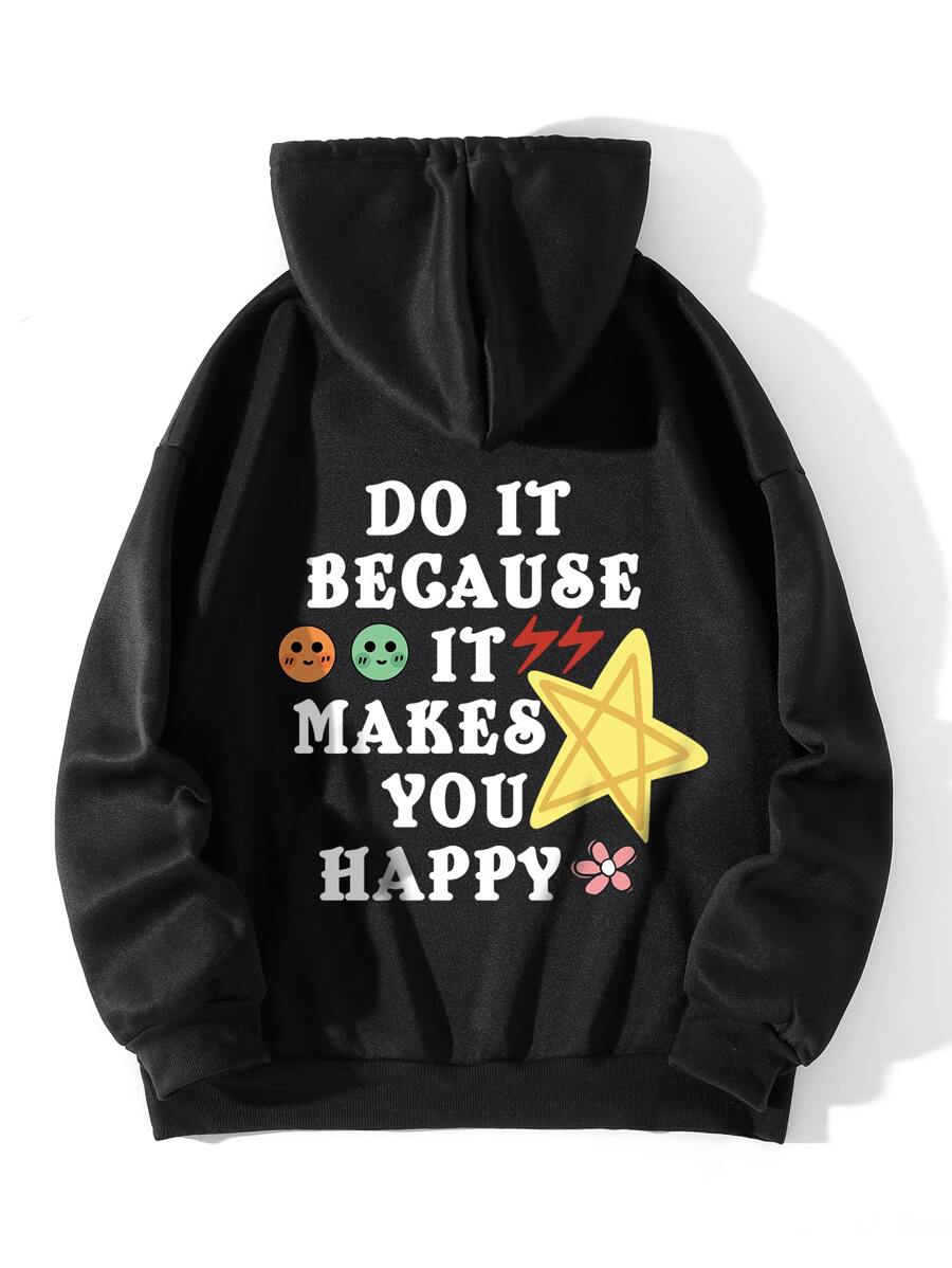 SHEIN EZwear Slogan Graphic Drawstring Thermal Lined Hoodie - Black - View 1