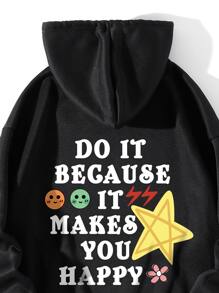 SHEIN EZwear Slogan Graphic Drawstring Thermal Lined Hoodie - Black - View 3