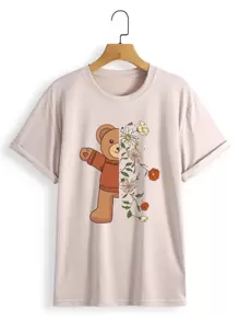 SHEIN EZwear 大碼花卉圖案和小熊印花T恤 - 杏色 - 查看 1