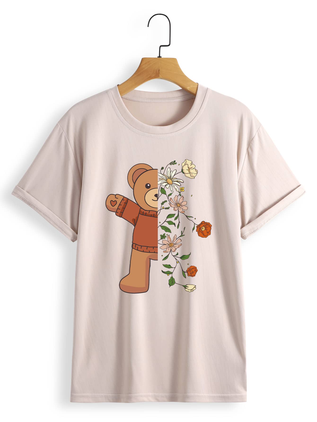 SHEIN EZwear 大碼花卉圖案和小熊印花T恤 - 杏色 - 查看 1