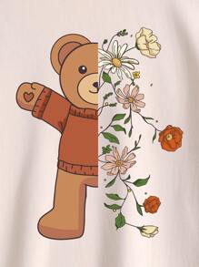 SHEIN EZwear 大碼花卉圖案和小熊印花T恤 - 杏色 - 查看 6