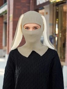 LEAJOURNO. Gorros de cuello con Protector de orejas de conejo, gorro tejido para mujer, estilo leche, lindo y divertido, 1 pieza - Caqui - Ver 4