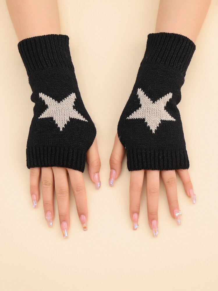 1 paire de mitaines tricotées à trous pour les pouces, imprimé étoile, longueur de poignet pour femmes, tissu chaud et confortable, style Y2K, Halloween
