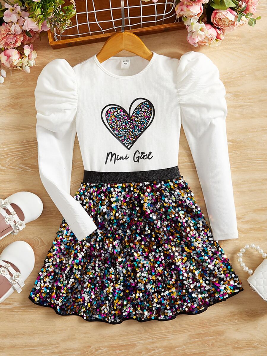 SHEIN 女孩愛心和字母圖案羊腿袖T恤和亮片半身裙