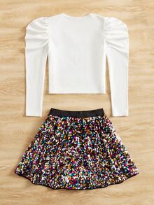 SHEIN 女孩愛心和字母圖案羊腿袖T恤和亮片半身裙