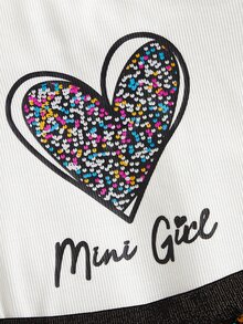 SHEIN 女孩愛心和字母圖案羊腿袖T恤和亮片半身裙