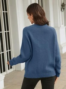 SHEIN Frenchy Button Detail Raglan Sleeve Jumper - Navy Blue - View 2