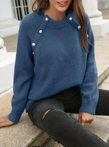 SHEIN Frenchy Button Detail Raglan Sleeve Jumper - Navy Blue - View 3