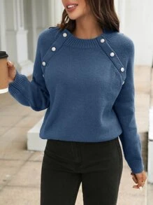 SHEIN Frenchy Button Detail Raglan Sleeve Jumper - Navy Blue - View 6