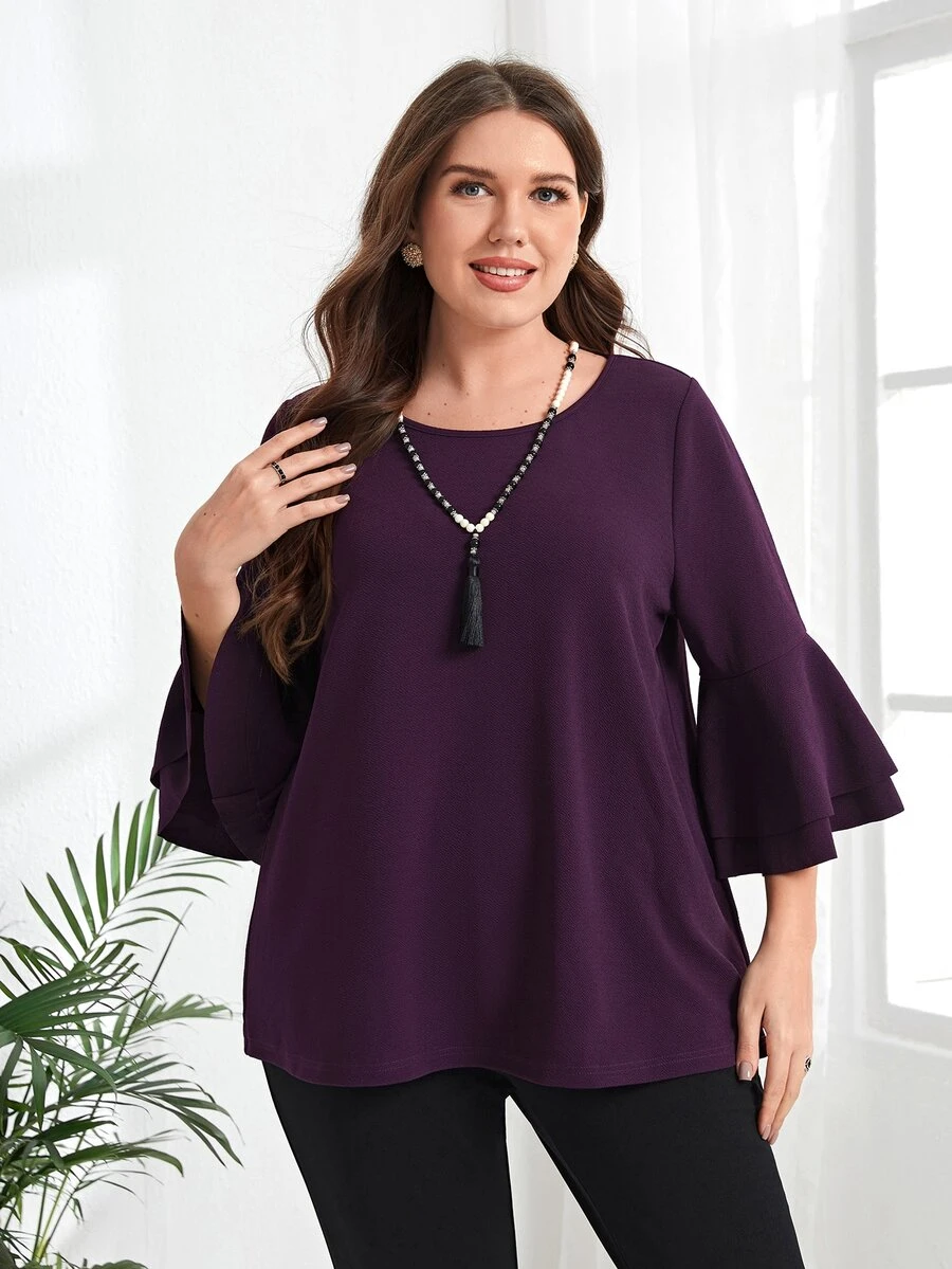 EMERY ROSE 大碼荷葉袖素色T恤 - 紫色 - 查看 1