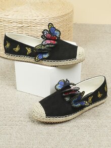 Butterfly Embroidered Espadrille Flats - Black - View 5