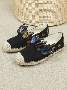 Butterfly Embroidered Espadrille Flats - Black - View 2