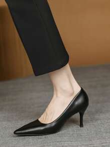 秋冬季简约尖头浅口鞋，黑色优质皮革尖头高跟鞋，适合办公室和通勤穿着，优雅，猫跟 - 黑色 - 查看 3