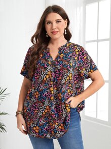 EMERY ROSE 大碼小碎花缺口領襯衫 - 彩色 - 查看 5