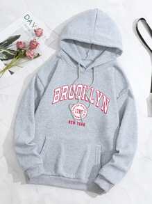 SHEIN EZwear Letter Graphic Kangaroo Pocket Drawstring Thermal Hoodie - Light Grey - View 1