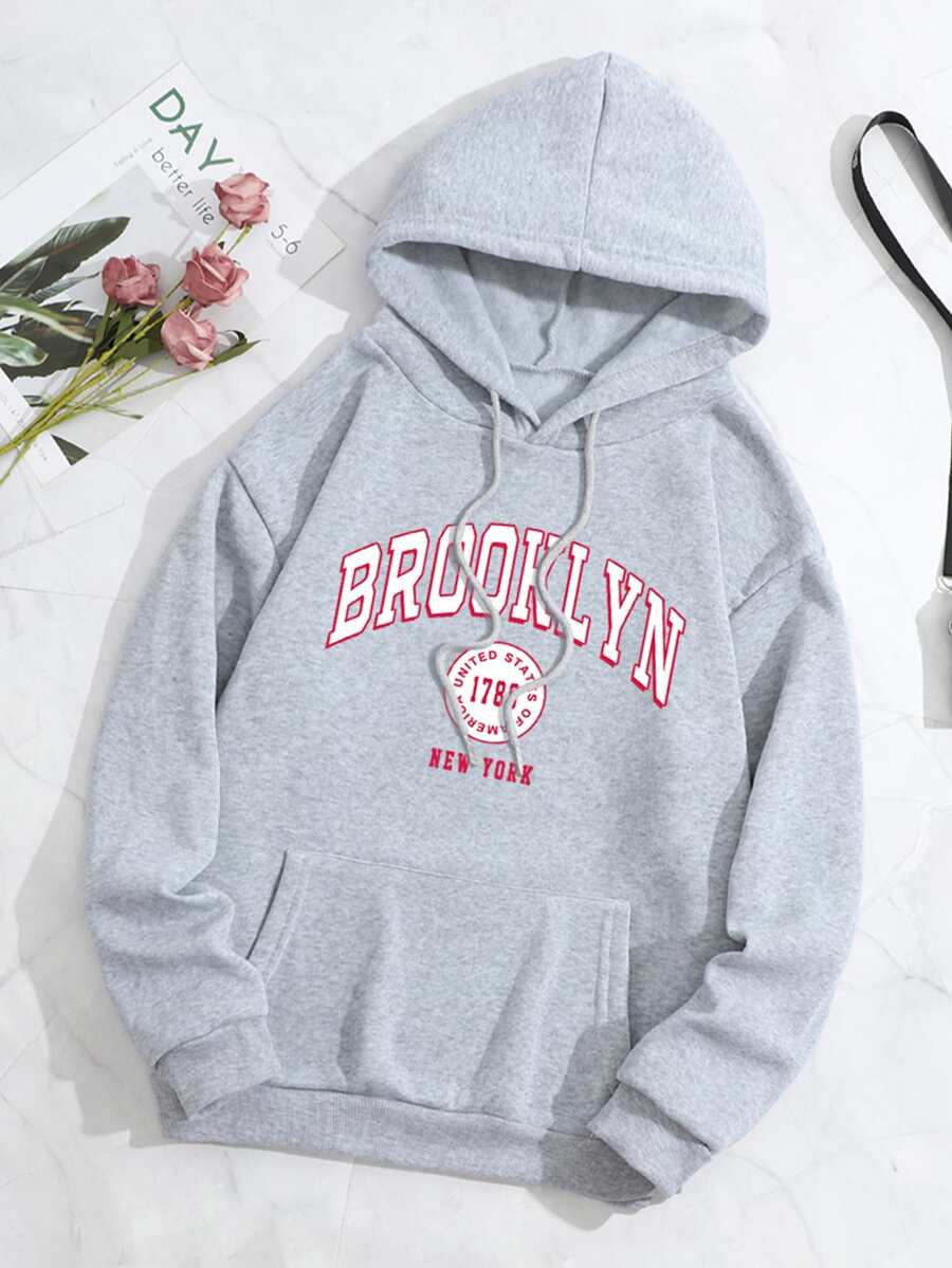 SHEIN EZwear Letter Graphic Kangaroo Pocket Drawstring Thermal Hoodie - Light Grey - View 1