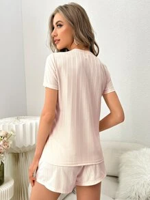 Conjunto lounge shorts con camiseta con estampado de letra tejido de canalé - Beis - Ver 2