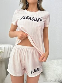 Conjunto lounge shorts con camiseta con estampado de letra tejido de canalé - Beis - Ver 4