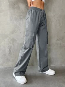 SHEIN EZwear Flap Pocket Drawstring Waist Cargo Trousers - Grey - View 1