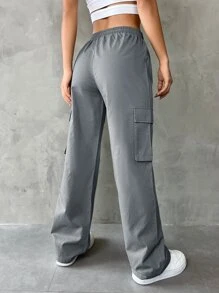 SHEIN EZwear Flap Pocket Drawstring Waist Cargo Trousers - Grey - View 2