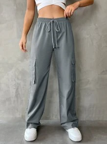 SHEIN EZwear Flap Pocket Drawstring Waist Cargo Trousers - Grey - View 3