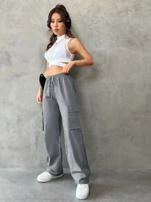 SHEIN EZwear Flap Pocket Drawstring Waist Cargo Trousers - Grey - View 4
