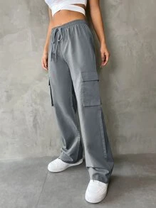 SHEIN EZwear Flap Pocket Drawstring Waist Cargo Trousers - Grey - View 5