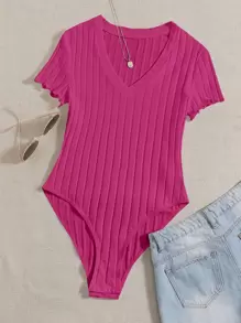 SHEIN EZwear Plus Ribbed Knit Lettuce Trim Bodysuit - Hot Pink - View 1