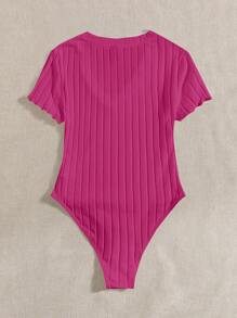 SHEIN EZwear Plus Ribbed Knit Lettuce Trim Bodysuit - Hot Pink - View 2