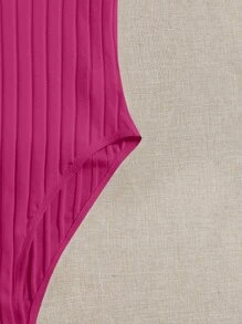 SHEIN EZwear Plus Ribbed Knit Lettuce Trim Bodysuit - Hot Pink - View 3