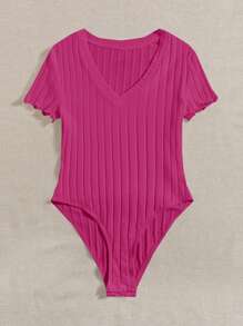 SHEIN EZwear Plus Ribbed Knit Lettuce Trim Bodysuit - Hot Pink - View 4