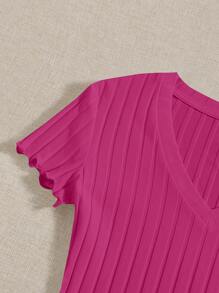 SHEIN EZwear Plus Ribbed Knit Lettuce Trim Bodysuit - Hot Pink - View 5