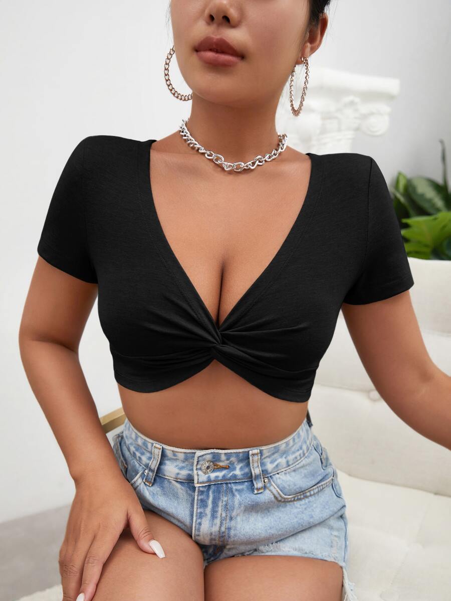 SHEIN Privé Twist Front Crop Top - Black - View 1