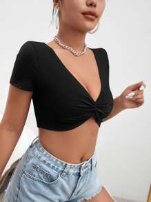 SHEIN Privé Twist Front Crop Top - Black - View 3