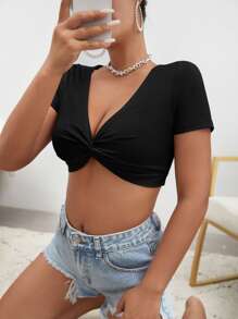 SHEIN Privé Twist Front Crop Top - Black - View 4