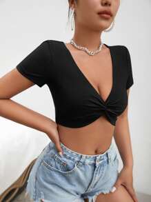 SHEIN Privé Twist Front Crop Top - Black - View 5