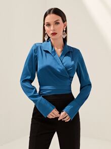 Modelyn 翻领系带后背裹身衬衫，长袖上衣 - 藍色 - 查看 3