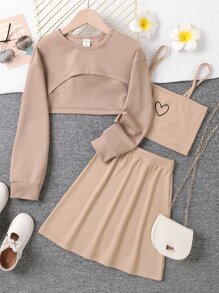 SHEIN Explorewe 適合十幾歲女孩的高低超短版套裝,包含連帽衫、心形背心和裙子 - 卡其色 - 查看 1