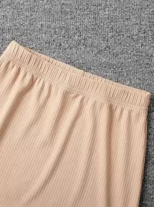 SHEIN Explorewe 適合十幾歲女孩的高低超短版套裝,包含連帽衫、心形背心和裙子 - 卡其色 - 查看 5