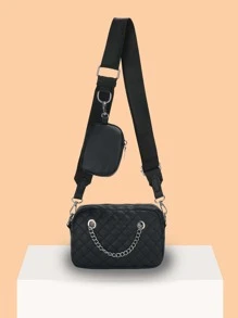 Mini Quilted Pattern Chain Decor Square Bag With Purse - Black - View 1
