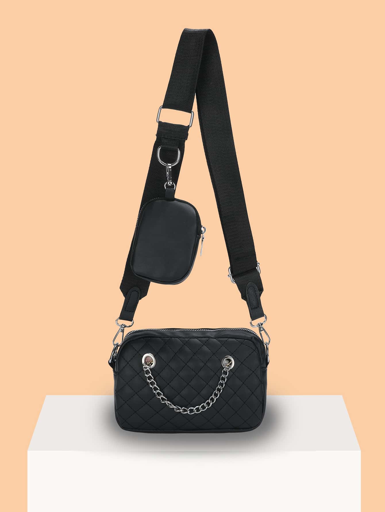 Mini Quilted Pattern Chain Decor Square Bag With Purse - Black - View 1