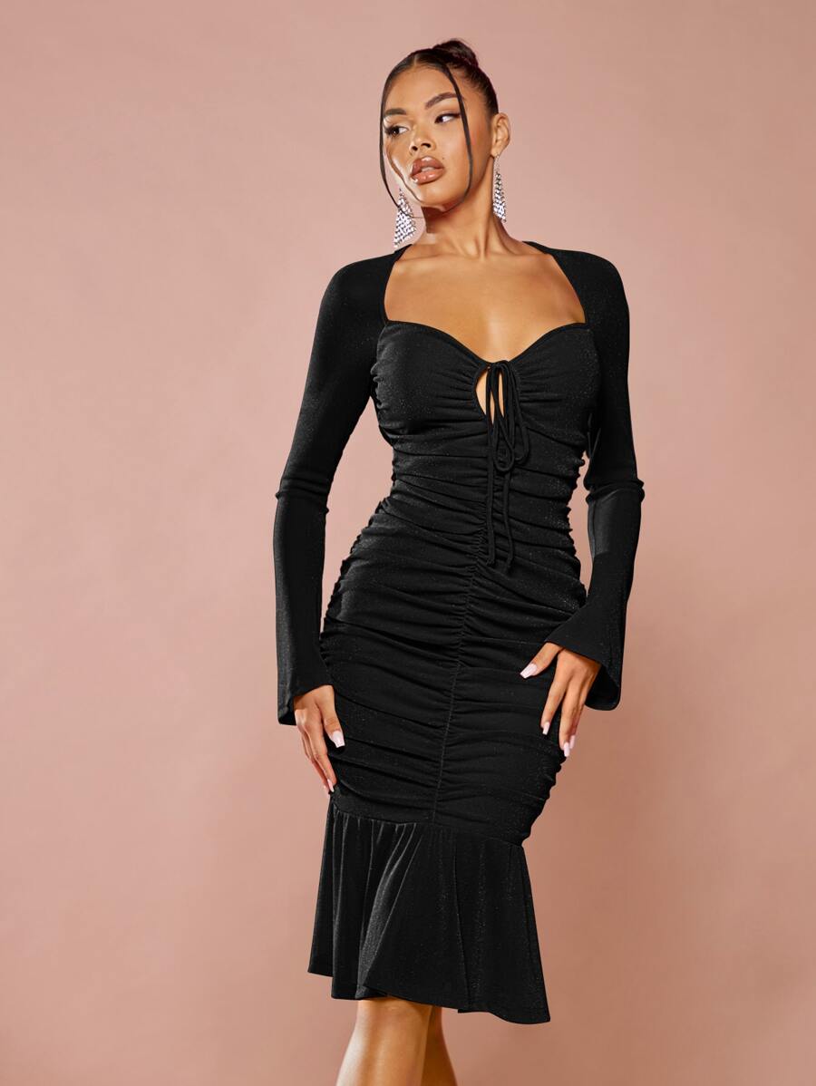 SHEIN BAE Sweetheart Neck Tie Front Ruched Ruffle Hem Bodycon Dress - Black - View 1