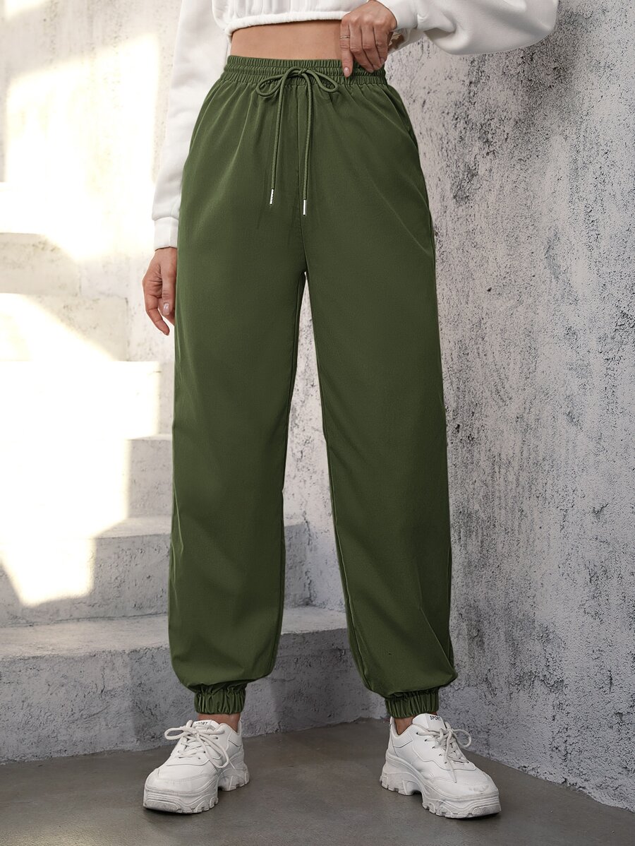 SHEIN EZwear Drawstring Waist Jogger Trousers - Army Green - View 1