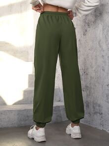 SHEIN EZwear Drawstring Waist Jogger Trousers - Army Green - View 2