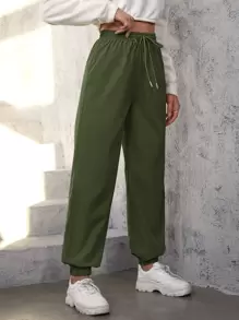 SHEIN EZwear Drawstring Waist Jogger Trousers - Army Green - View 4